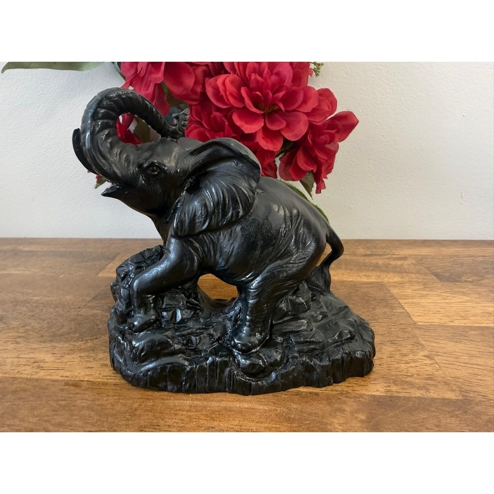Vintage Hand Carved Coal Elephant Figurine Black Sculpture Decor Animal MCM‎